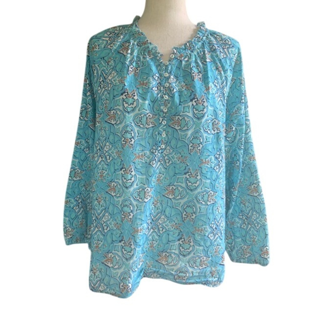 Talbots Coastal Chic Peasant Blouse XLP Mediterranean Mosaic Boho Resort Cotton